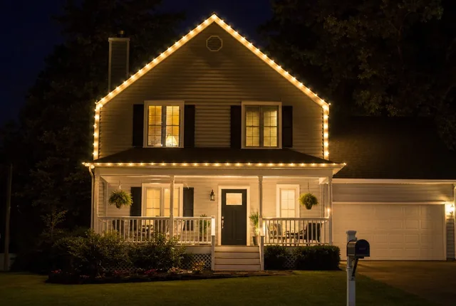 A house at night with white lights along the gable and porch rooflines