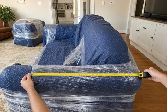 A tape measure held across the arm of a wrapped sofa